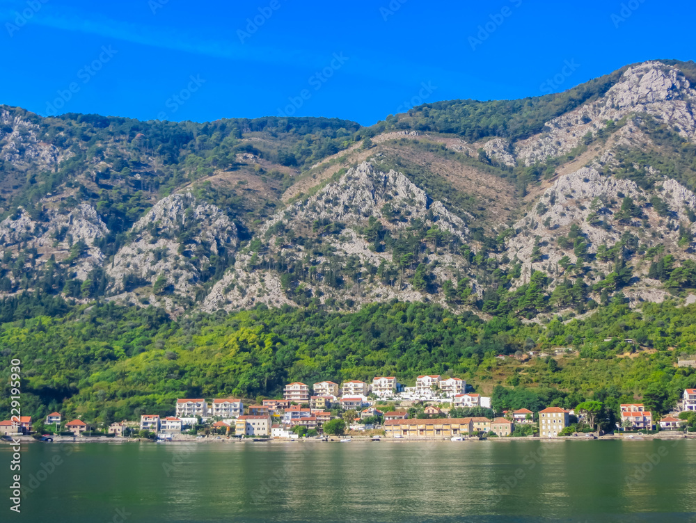 Beautiful views of the mountains and the coast in the Bay of Kotor in Montenegro
