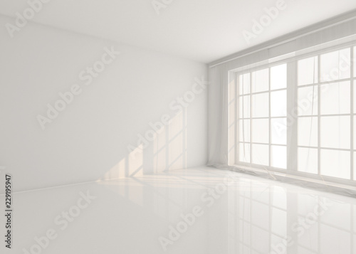 Empty white room with window and curtains. Mockup  template. 3d render.