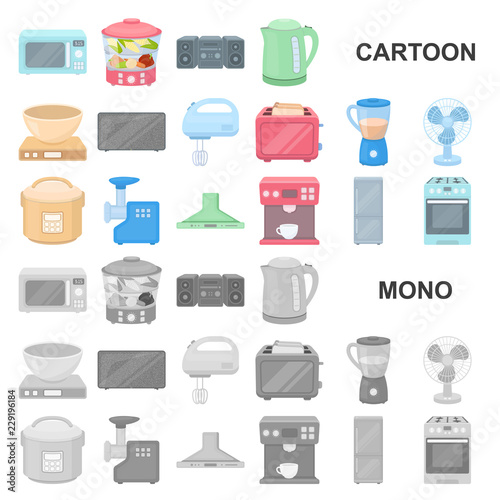 Types of household appliances cartoon icons in set collection for design.Kitchen equipment vector symbol stock web illustration.