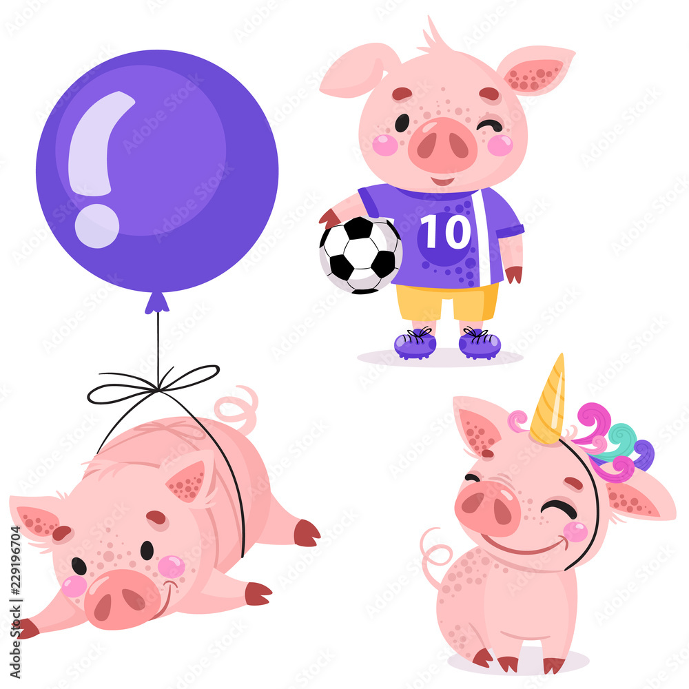 Fototapeta premium Set of cute cartoon pigs. Piggy football player with the ball, piggy flying on a balloon, pig in a unicorn costume. Vector illustration for calendar, card, banner, postcard. Chinese New year