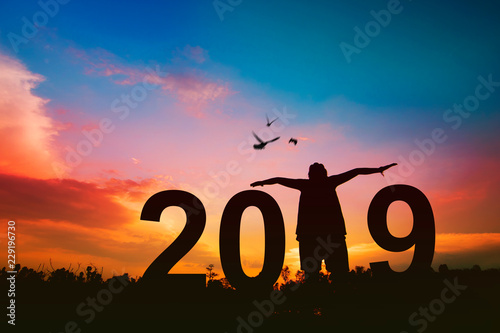 2019 new year concept, silhouette of happy woman have freedom and joyful with birds flying on sky