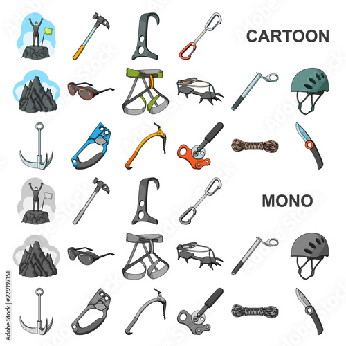 Mountaineering and climbing cartoon icons in set collection for design. Equipment and accessories vector symbol stock web illustration.
