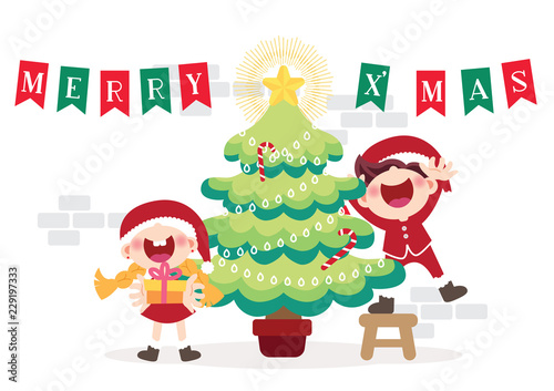 cheerful children and Christmas tree illustration vector
