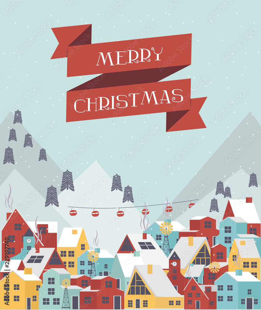Cute Merry Christmas greeting card with winter landscape and houses in the Scandinavian style. Editable vector illustration