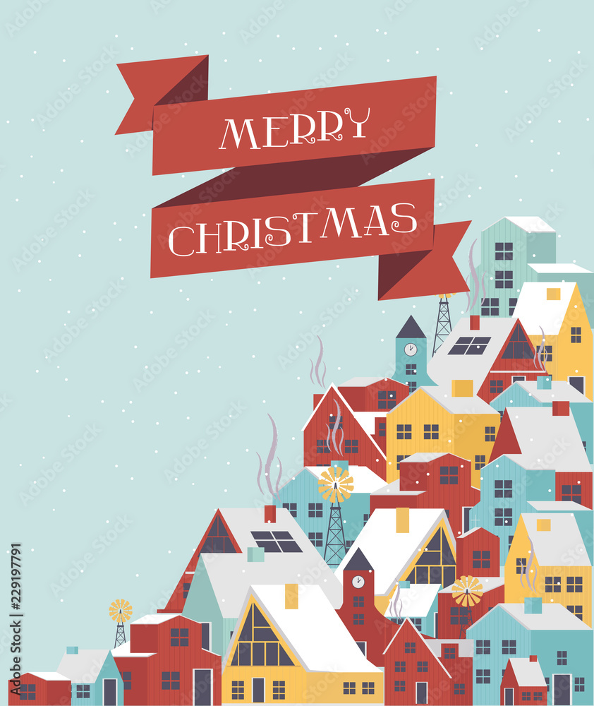 Cute Merry Christmas greeting card with winter landscape and houses in the Scandinavian style. Editable vector illustration