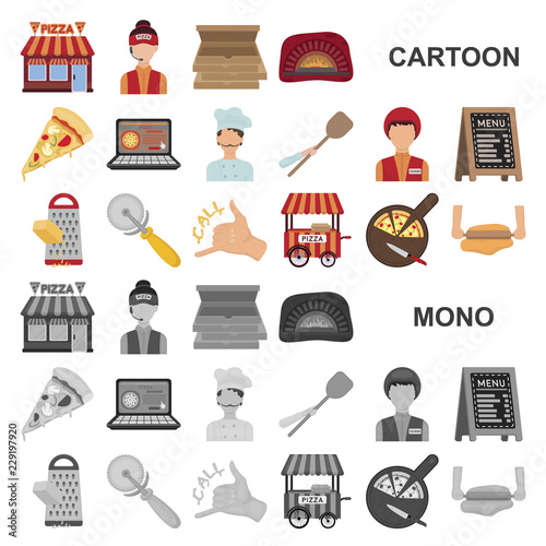 Pizza and pizzeria cartoon icons in set collection for design. Staff and equipment vector symbol stock web illustration.
