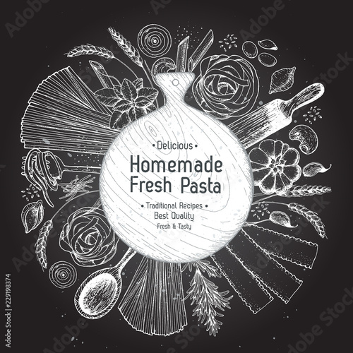 Italian pasta label. Hand drawn vector illustration. Collection of pasta different types. Italian food design template. Engraved sketch style.