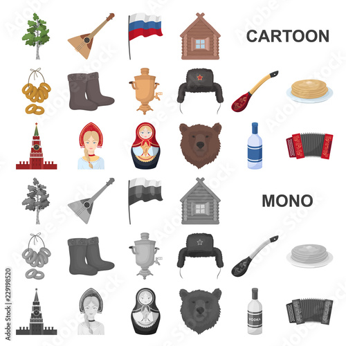 Country Russia, travel cartoon icons in set collection for design. Attractions and features vector symbol stock web illustration.