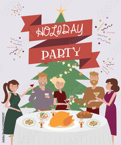 Holiday party poster with people sitting at table laughing, eating food, drinking wine and talking to each other. Christmas dinner with family. Editable vector illustration