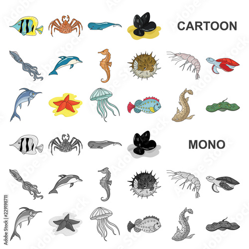 A variety of marine animals cartoon icons in set collection for design. Fish and shellfish vector symbol stock web illustration.