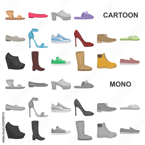 A variety of shoes cartoon icons in set collection for design. Boot, sneakers vector symbol stock web illustration.