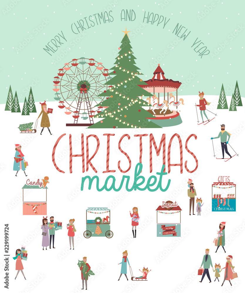 Cute Merry Christmas greeting card with winter landscape, Christmas market and active people. Editable vector illustration
