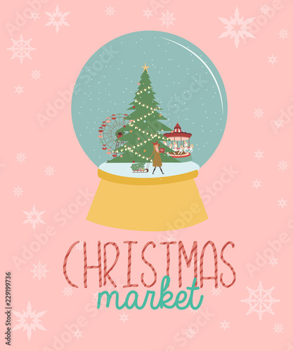 Cute Merry Christmas greeting card with winter landscape, Christmas market in a glass bowl. Editable vector illustration