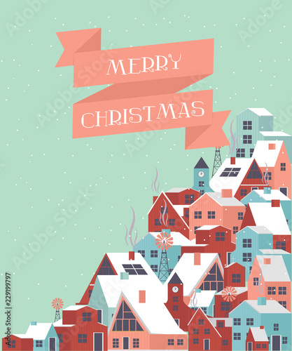 Cute Merry Christmas greeting card with winter landscape and houses in the Scandinavian style. Editable vector illustration