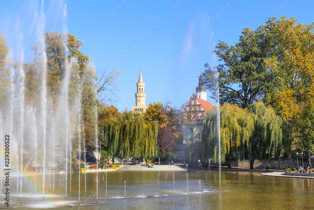 Opole - Autumn view of Barlicki Pond near the Piast Tower and amphitheater