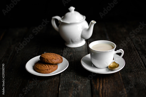 Tea set, breakfast or coffee break. Autumn photo