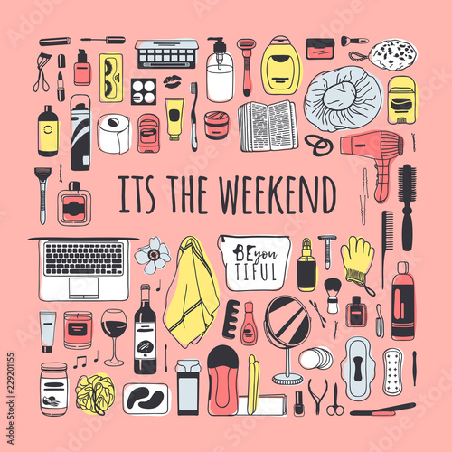 Hand drawn set with beauty products. Pink Bath vector background. Actual fashion illustration. Original doodle style drawing. Creative ink art work