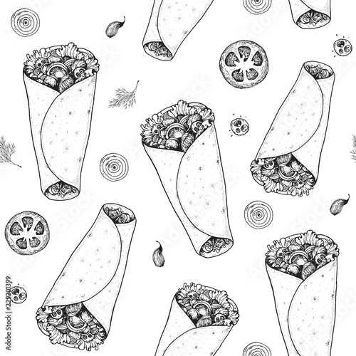 Fast food seamless pattern. Burrito seamless pattern. Vintage design for wrapping. Food menu design template.