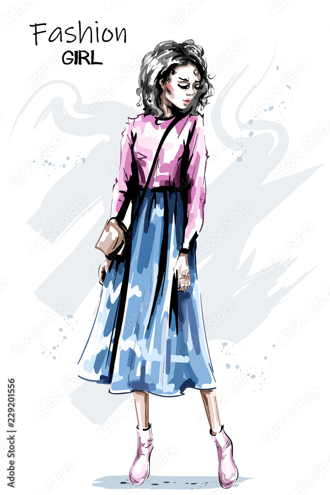 Hand drawn beautiful young woman in skirt. Stylish elegant girl outfit. Fashion woman full body portrait. Sketch. Hand drawn beautiful young woman in skirt. Stylish elegant girl outfit. Fashion woman full body portrait. Sketch.