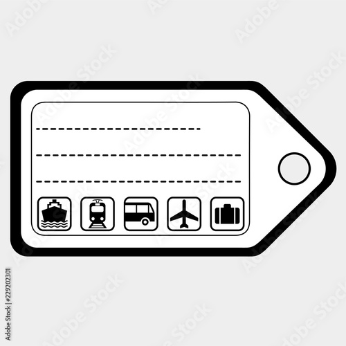 Luggage tag with symbols of boat, train, bus, plane, suitcase