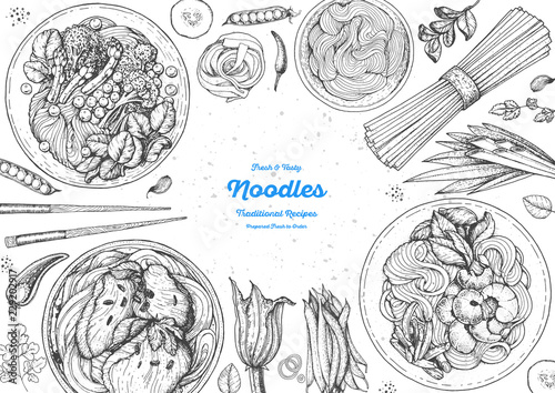 Asian food engraved sketch. Noodle dishes top view frame. Food menu design with cooked noodles . Vintage hand drawn sketch vector illustration. Asian cuisine menu background.