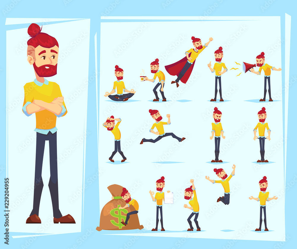Business man characters. Adult Hipster in casual clothes. Emotions and expressions, pose. Vector cartoon character