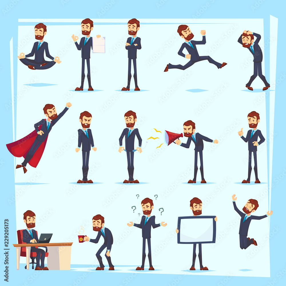 Office worker bearded Business man characters. Adult in casual clothes. Emotions and expressions, pose set. Vector cartoon character