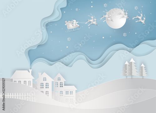 Paper art of santa claus is coming to countryside. Merry Christmas and Happy New Year. greeting card concept.