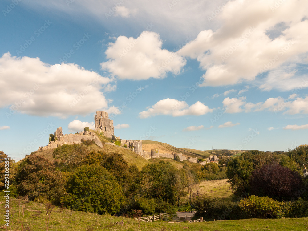 landscape summer's day corfe castle special ruins medieval old nature trees sky clouds