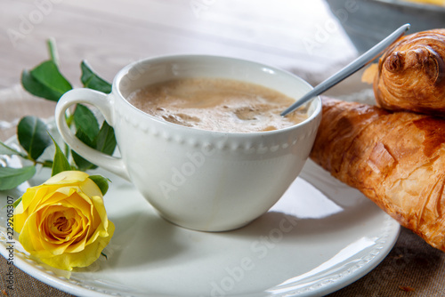 french breakfast coffee with milk and croissants