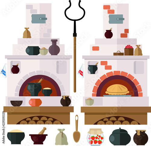 Russian stove. Set of two types of Russian stove and kitchen utensils. Vector illustration.