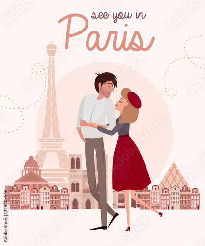 Love story in Paris with a lover couple. Romantic poster, Love you card or wedding invitation. Editable vector illustration