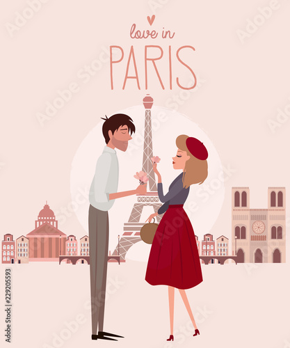 Love story in Paris with a lover couple. Romantic poster, Love you card or wedding invitation. Editable vector illustration
