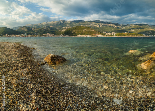 Panorama of the Budva Riviera, in the foreground stones
