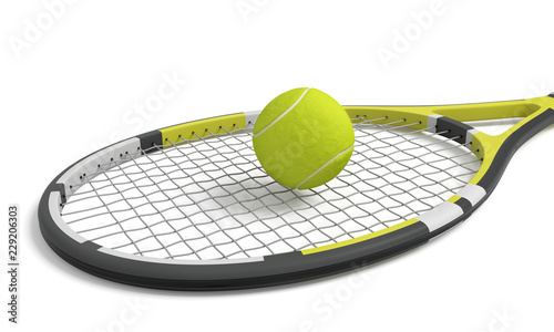 3d rendering a single tennis racquet lying with a yellow ball on top of its mesh head. © gearstd