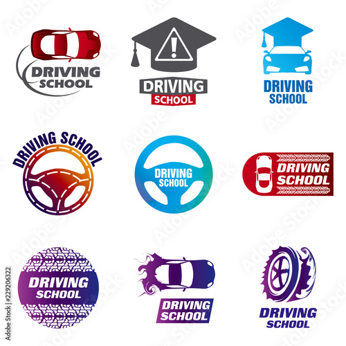 Set of vector logos driving school, car