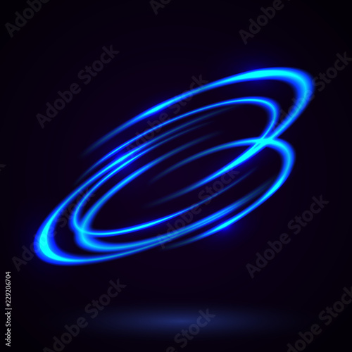 Vector light effect. The object s light stroke. Circular lens flare. Abstract rotational lines. Power energy element. Luminous sci-fi. Shining neon lights cosmic abstract frame. Magic round frame.