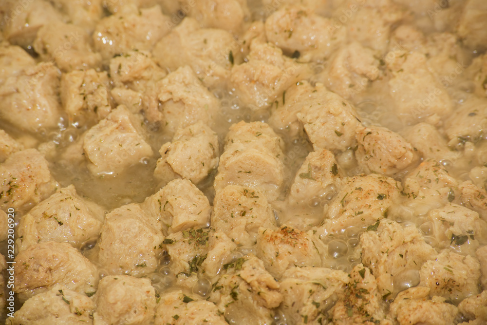 The texture of pieces soy imitation of meat in a pan The texture of pieces soy imitation of meat in a pan