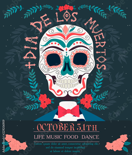 Day of the dead festival invitation poster with skeleton, Mexican traditional holiday. Mexican wording translation: "Day of the dead". Editable vector illustration