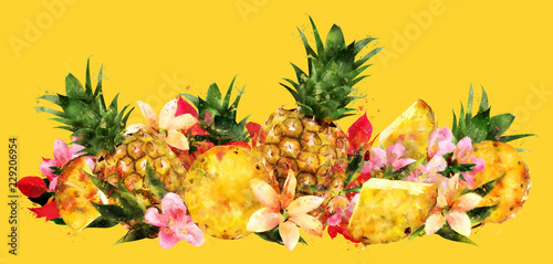 Pineapple on yellow background. Watercolor illustration