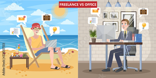 Freelance vs. office work concept. Man sitting on the chaise lounge