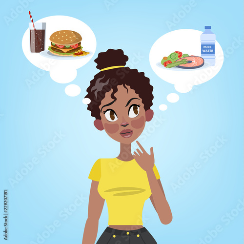 Woman choosing between healthy food and hamburger