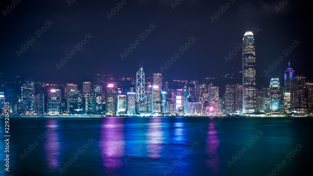 Beautiful Night City Scape In Hong Kong On October 10, 2018
