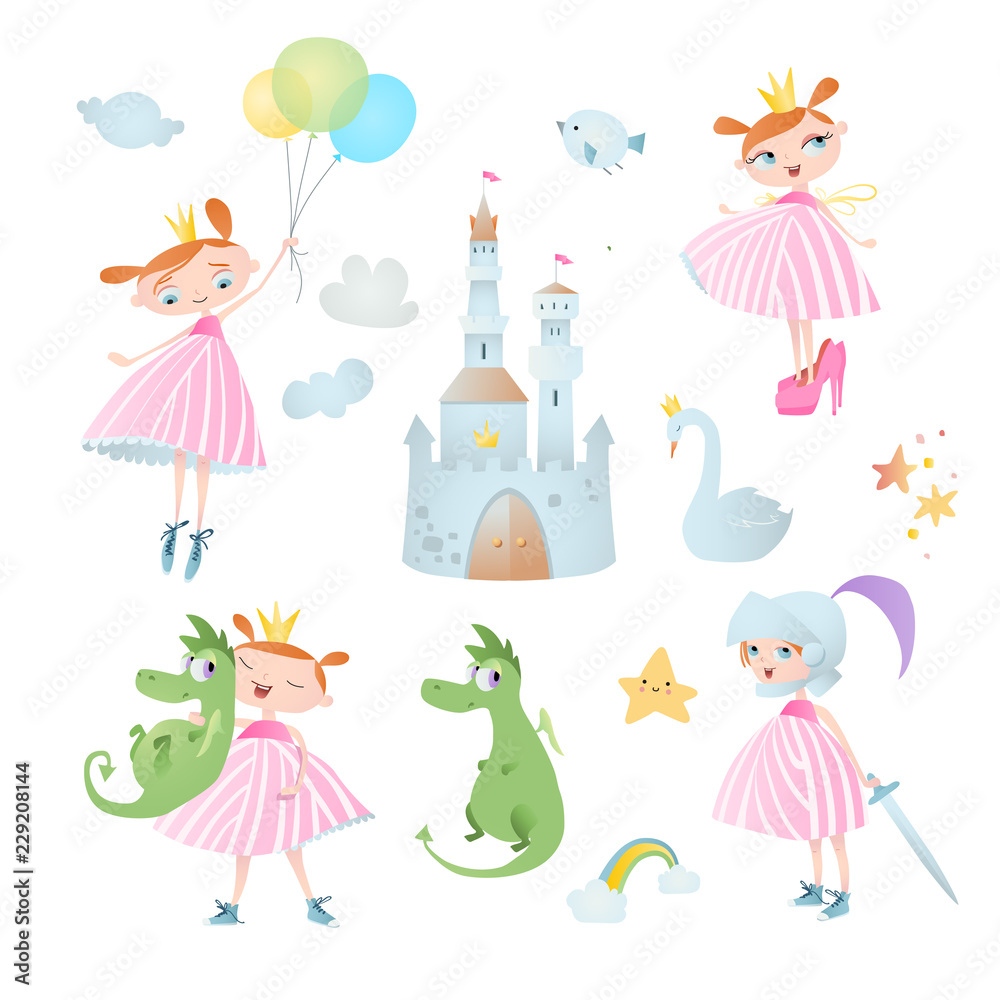 Princess’s adventure. Set of vector elements, which contains: dragon, castle, rainbow and stars. Princess’s adventure. Set of vector elements, which contains: dragon, castle, rainbow and stars.