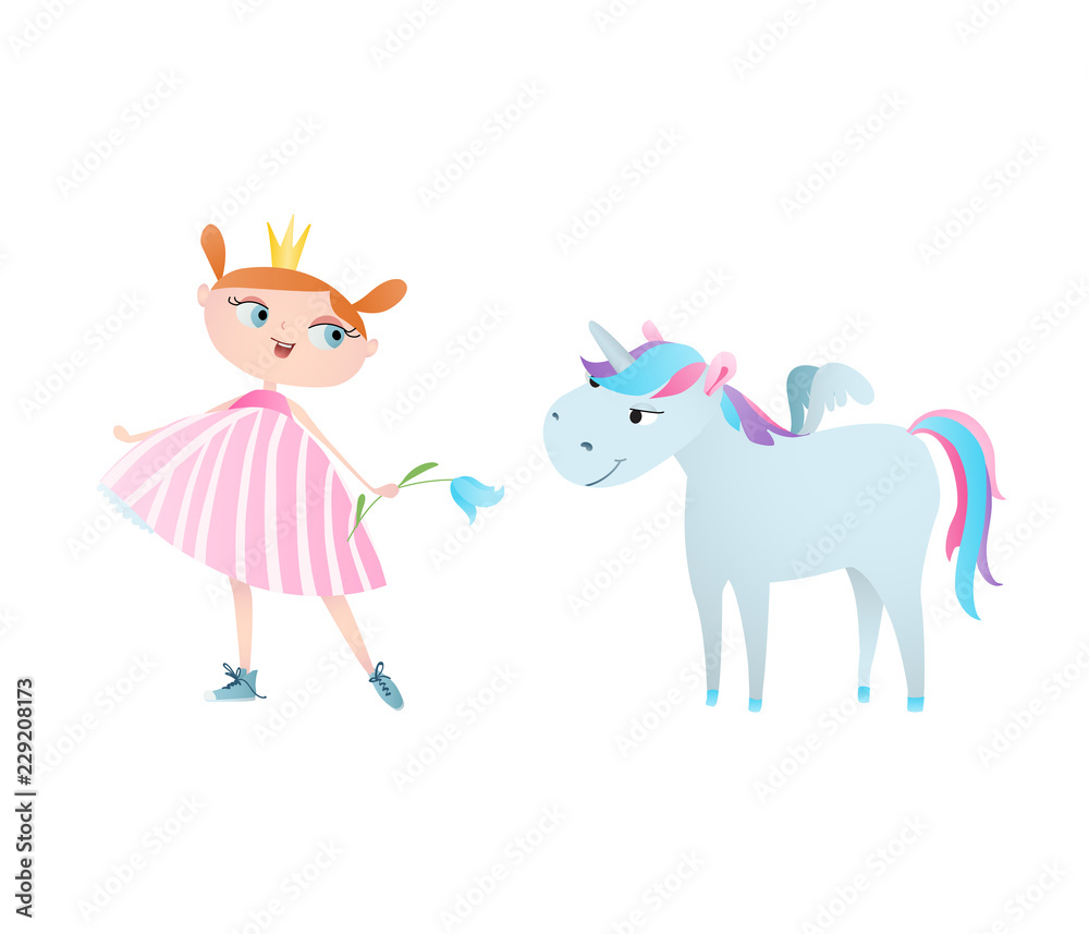 Cute little princess feeds and a unicorn. Vector. Character design.