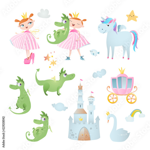 Princess’s adventure. Set of vector elements, which contains: unicorn, dragon, swan, brougham, and castle.