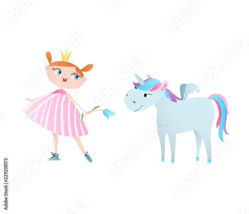 Cute little princess feeds and a unicorn. Vector. Character design.