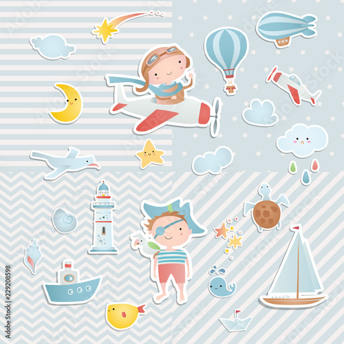 Set of elements for baby shower design with a pilot and a pirate. Paper, scrapbook. 