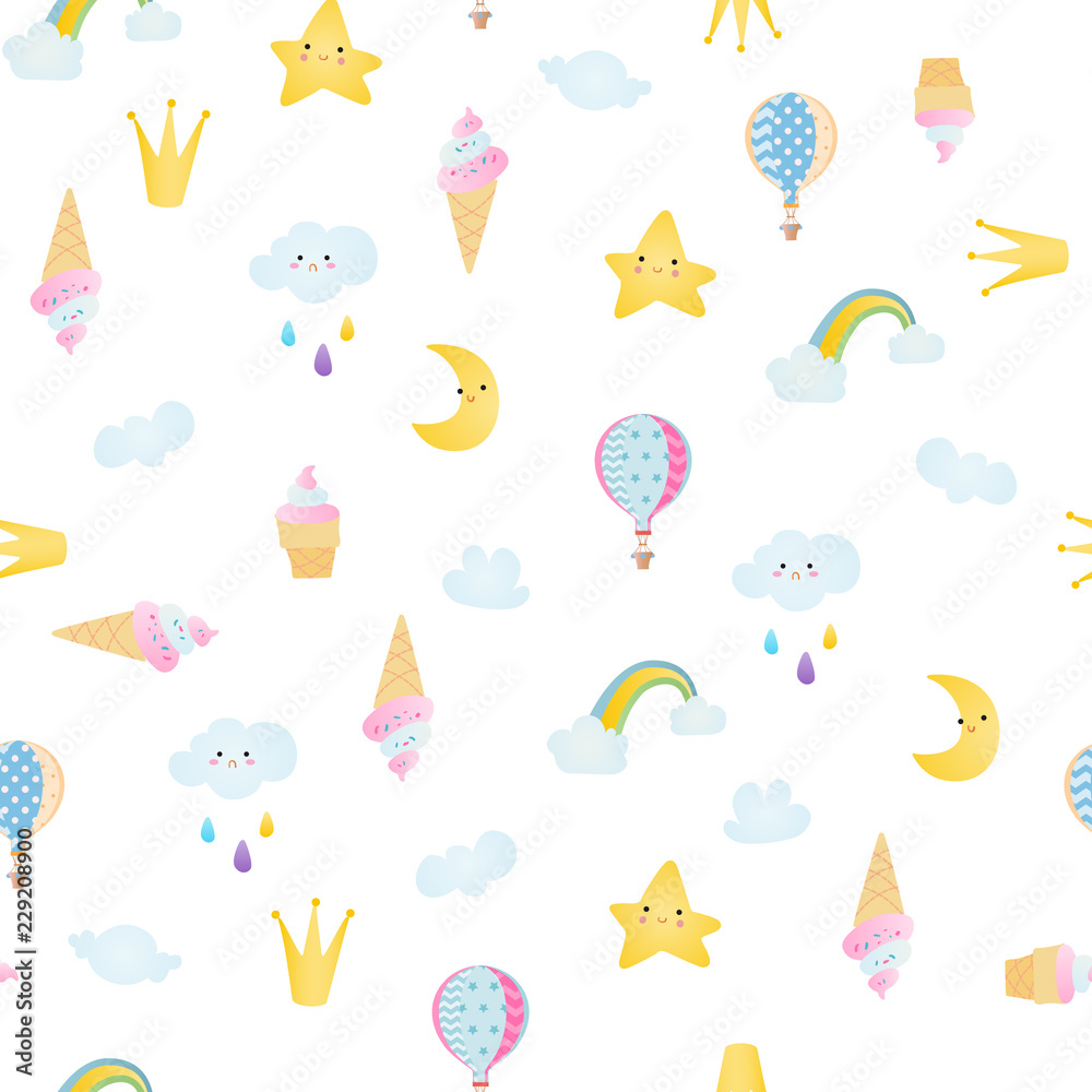 A seamless pattern with stars, moons, clouds, rainbows, balloons