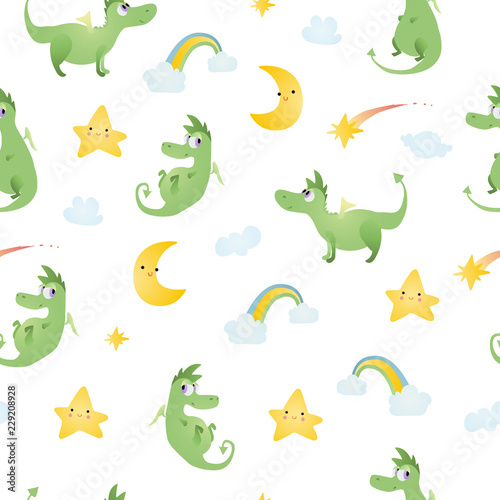 A seamless pattern with dragons  clouds  moons  comets  rainbows.